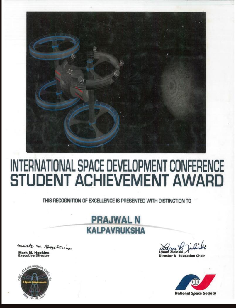 International Space Development Conference Student Achievement Award certificate